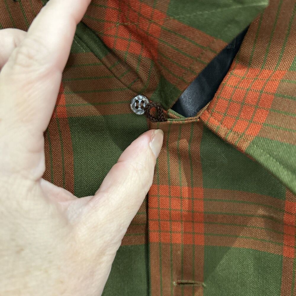 60s NOS BRENT Vintage Loop Collar Wool Flannel Plaid Flap Pocket Blue Orange L - Picture 6 of 11